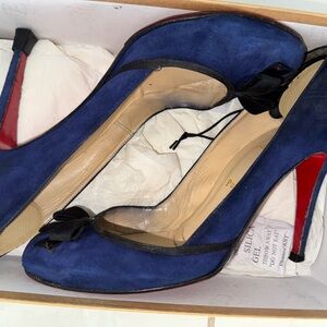Christian Louboutin Navy Suede Bow Peep-Toe Pumps with Red Sole